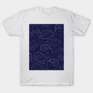 Pretty Bohemian Art Paisley Floral Pattern Shades of Blue on Navy Blue T-Shirt